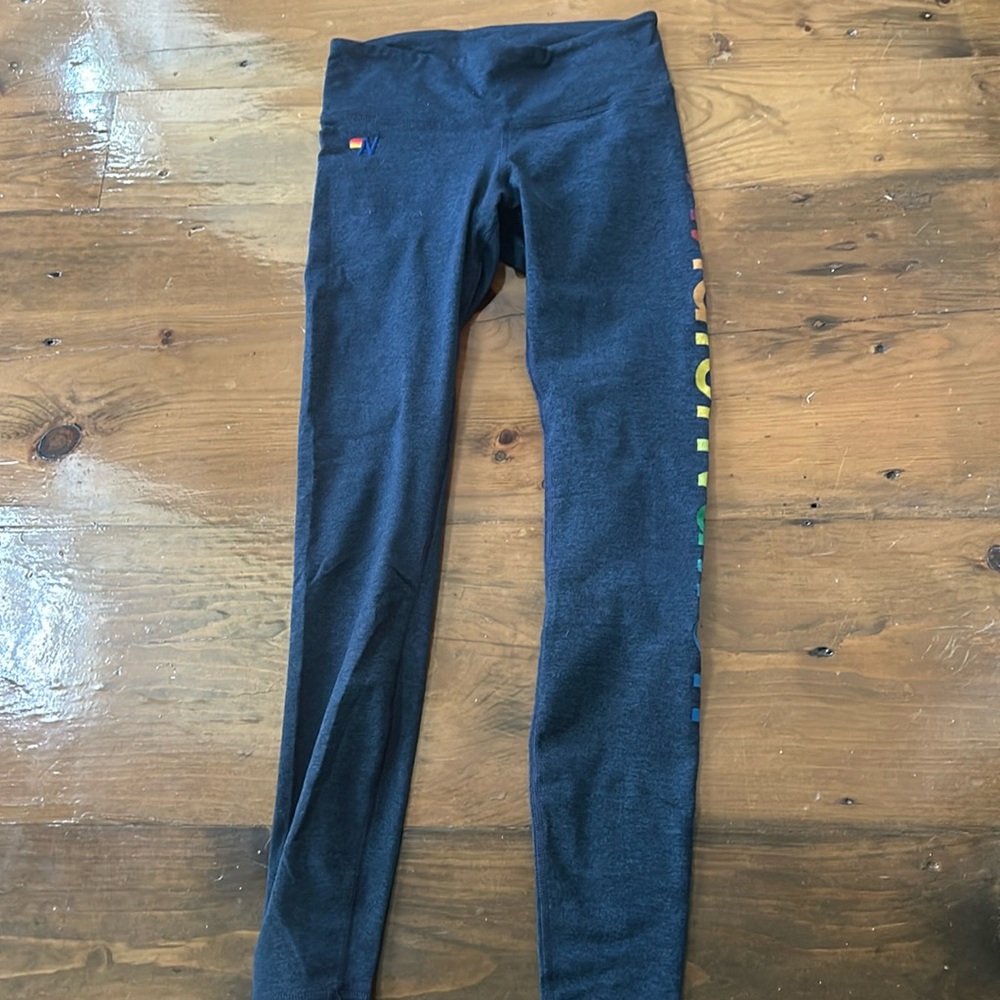 Aviator nation leggings heather navy with rainbow logo on the side
